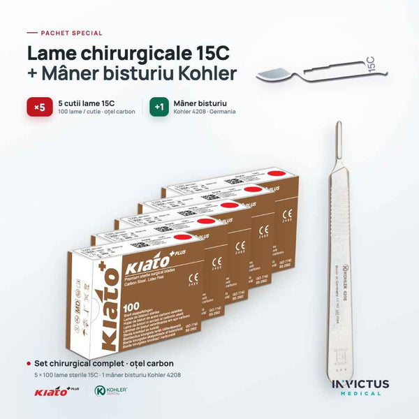 Ofertă Set - Mâner Bisturiu Clasic KOHLER Dental + 5 cutii Lame KIATO Plus 15C (500 buc)