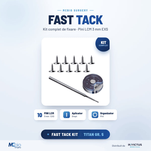 Set de bază FasT Tack LCM EXS MDF – MC Bio Surgery, sistem profesional de fixare cu pini pentru GBR (10 pini Ø2.5 mm × 3 mm + aplicator cu mâner tip C)