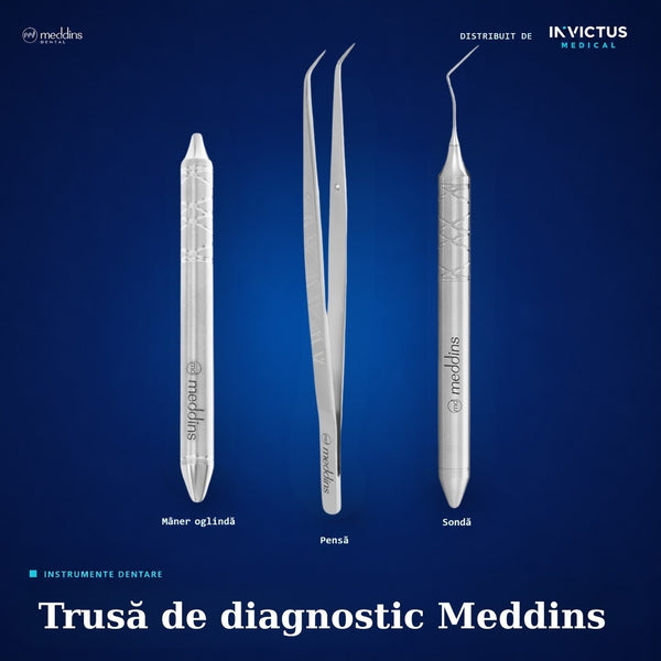Trusă de Diagnostic Meddins – Set 3 Instrumente Stomatologice (Mâner Oglindă DDI 01, Pensă DDI 20 1, Sondă DDI 10 s3)