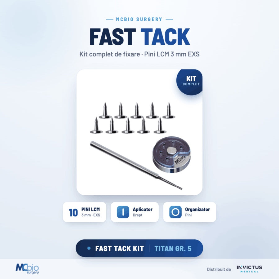 Set de bază FasT Tack LCM EXS MDF – MC Bio Surgery, sistem profesional de fixare cu pini pentru GBR (10 pini Ø2.5 mm × 3 mm + aplicator cu mâner tip C)