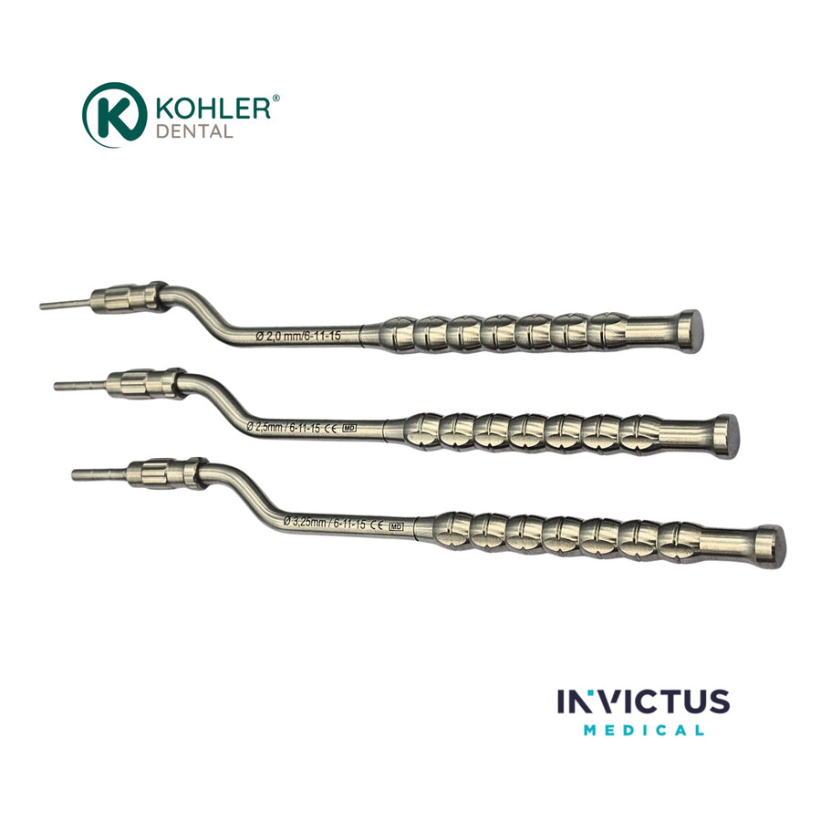 Set osteotoame concave angulate cu șurub de stop TRINOVO (2.0 / 2.5 / 3.25 mm) – KOHLER Dental