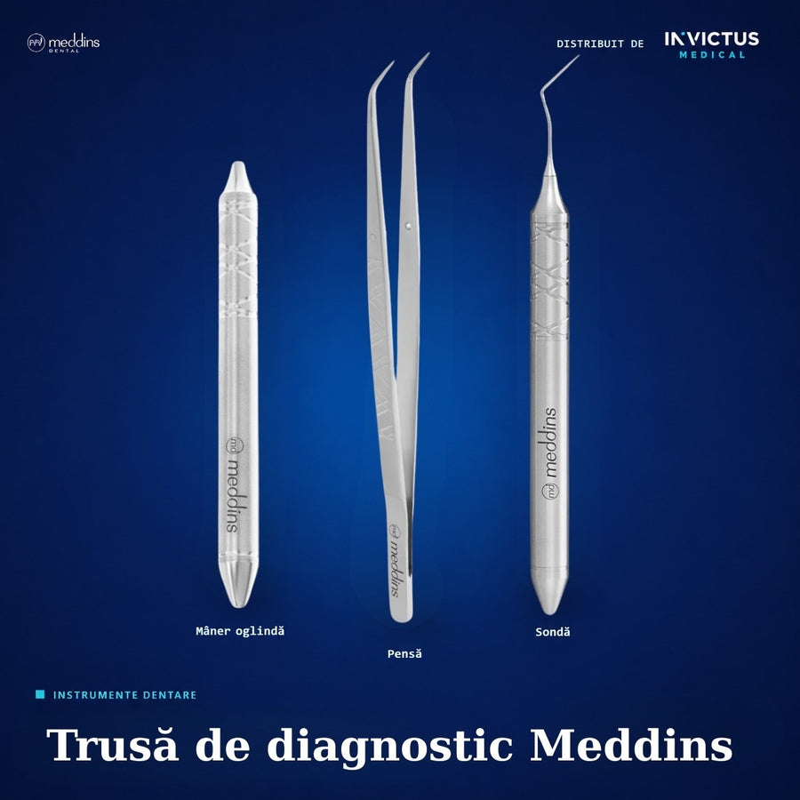 Trusă de Diagnostic Meddins – Set 3 Instrumente Stomatologice (Mâner Oglindă DDI 01, Pensă DDI 20 1, Sondă DDI 10 s3)